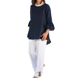 CROWN LINEN DESIGNS NAVY  BELLA  BELL SLEEVE  TUNIC‎ SIZE L NWT